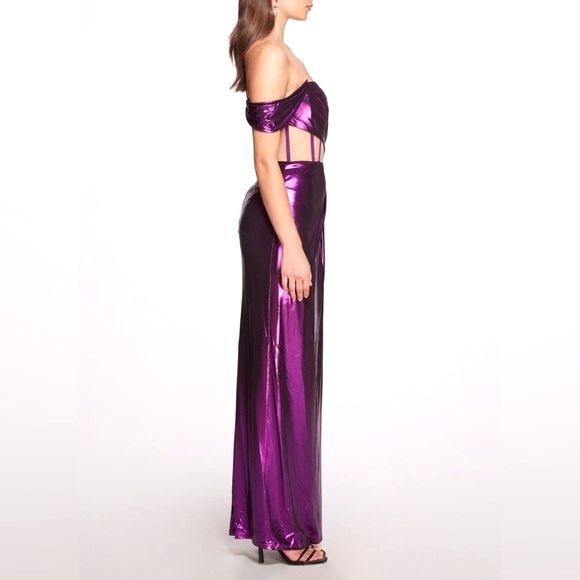 NWT Marchesa Off Shoulder Amethyst Lamé Gown Maxi With Draped Bodice Size 16 NEW - Picture 6 of 16